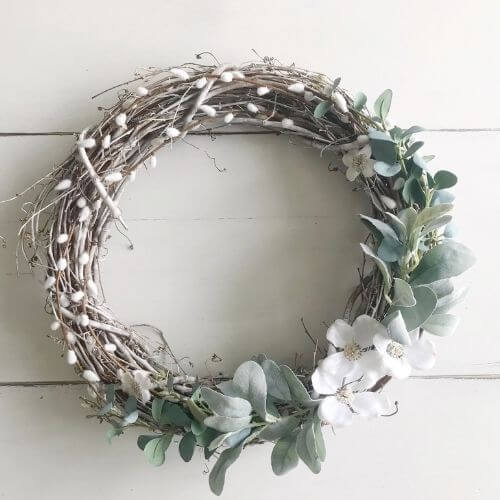 DIY spring grapevine wreath with eucalyptus, lambs ear and dogwood