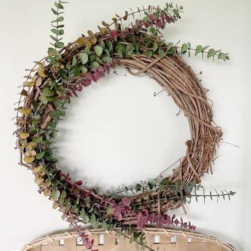 Finished grapevine and eucalyptus wreath