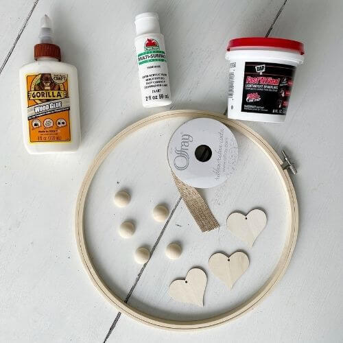 Supplies for wood heart and bead Valentine's Day wreath