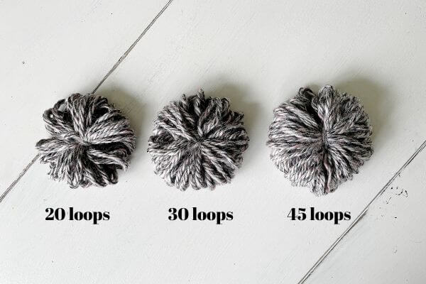 Pic showing 3 yarn flowers made from 20, 30 and 45 loops of yarn