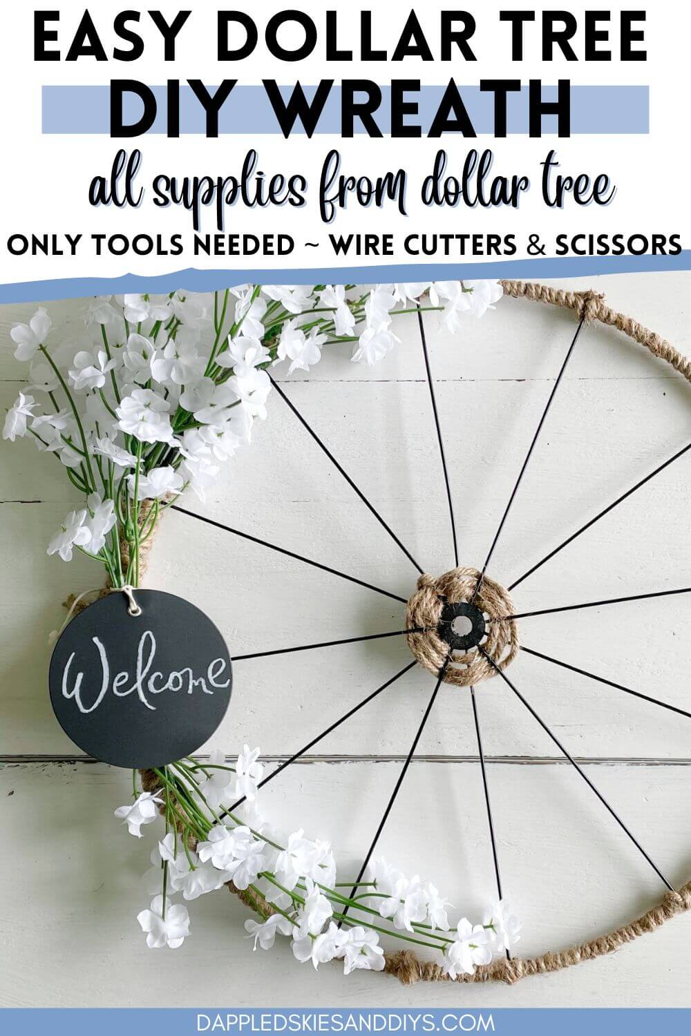 Dollar Tree Bicycle Wheel Wreath DIY Dappled Skies and Diys
