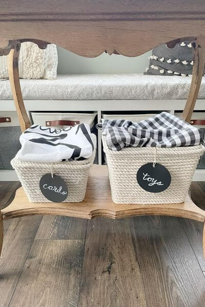 Two rope baskets made with Dollar Tree supplies