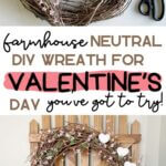 Supplies and finished grapevine wreath for Valentine's Day farmhouse decor.