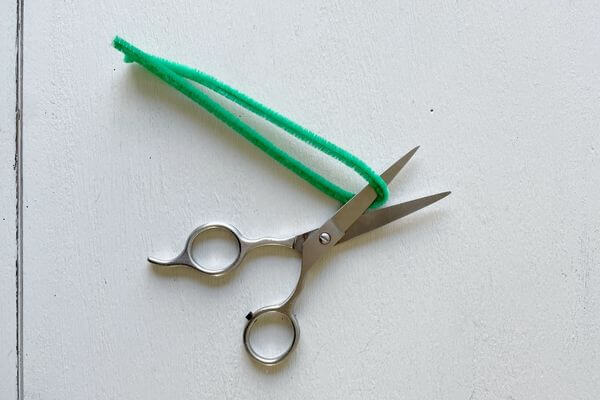 Cut green pipe cleaner in half with scissors.