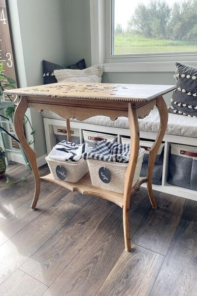 Finished small raw wood table after oven cleaner stripping.