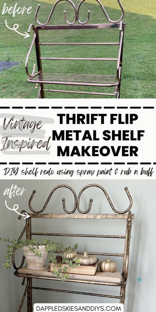 Three-tiered DIY metal shelf makeover using spray paint and rub 'n buff.