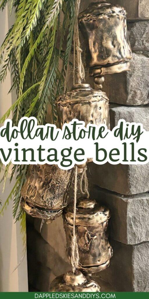 Five DIY brass bells hanging near fireplace. 