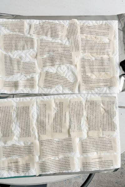 Tea-stained torn book pages on paper towels. 