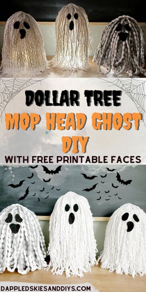 Three mop head ghosts made with Dollar Tree supplies.