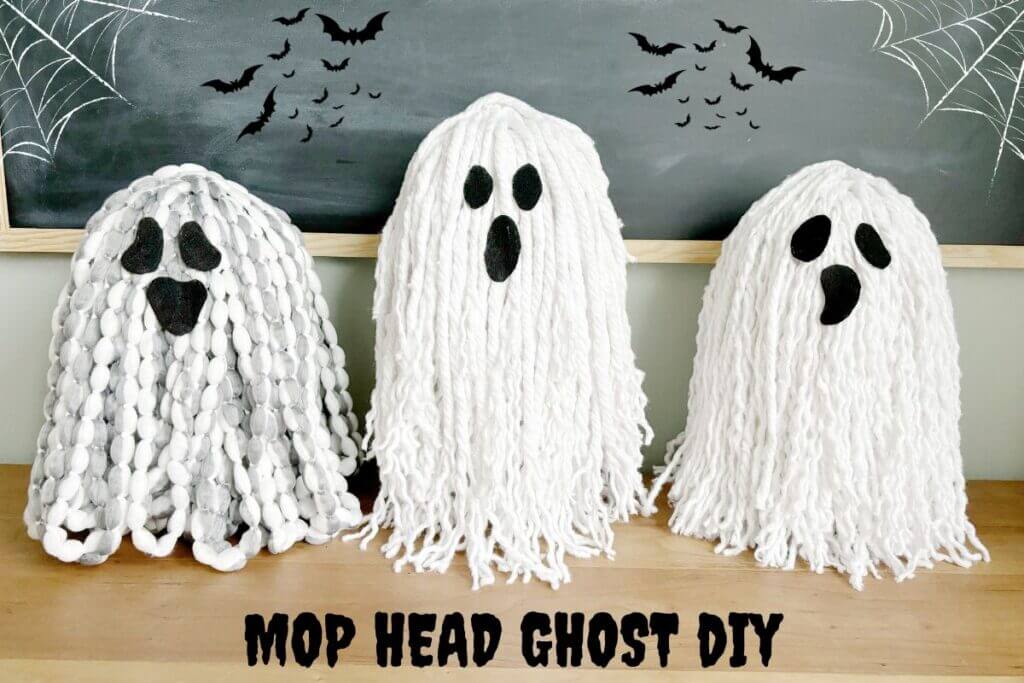 Three mop head ghosts made with Dollar Tree supplies