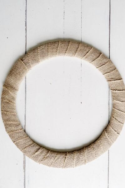 18-inch wreath form wrapped in burlap. 