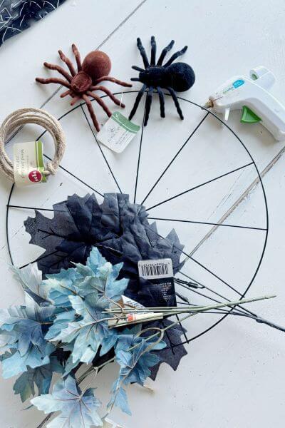Supplies for spider web wreath. 