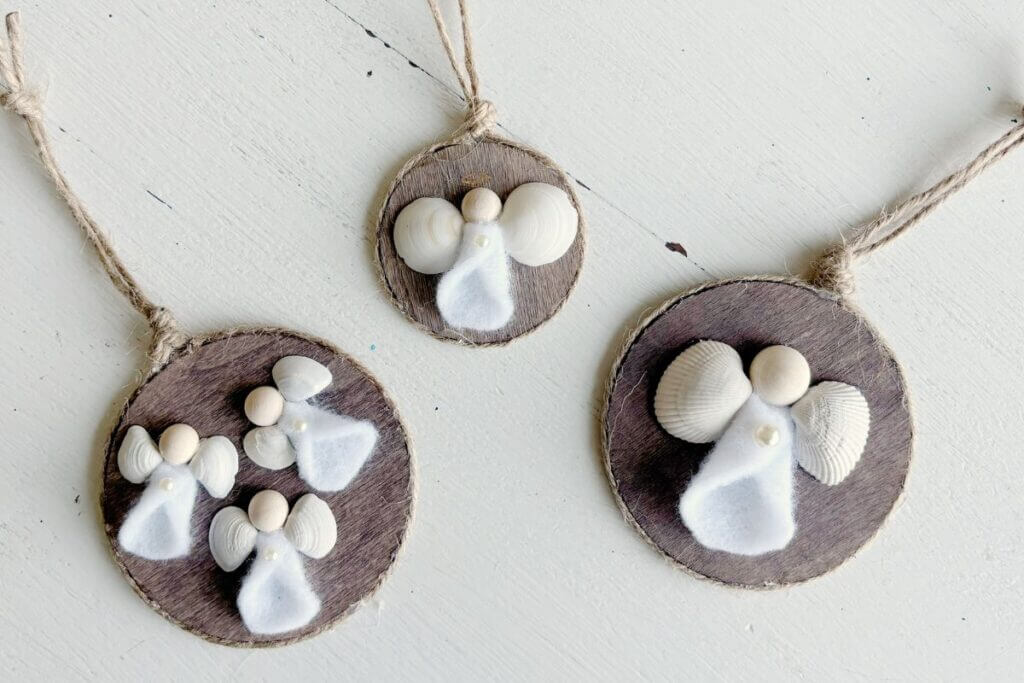 Three rustic angel ornaments using seashells, felt and half wood beads.