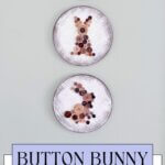 Three button bunnies on wood rounds used as wall art.