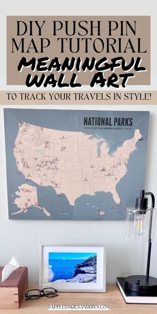 Push pin map sitting above a small table.